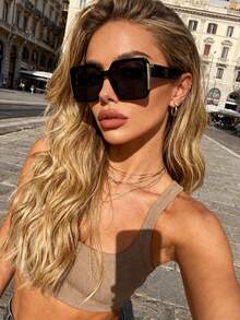 1 Pair Oversized Square Plastic Women's Sunglasses, Suitable For Holiday Gifts, Beach Parties, Outdoor Leisure Activities, Fashionable Sun Protection, Elegant Matching, Suitable For Family Outings, Travel Vacations, Summer Beach Vacations And Other Occasions. - 1pc Black/Grey 6147 - View 5