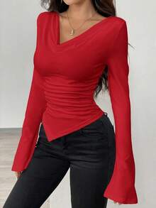 Women's Winter Sweater With A Plunging Neckline, Can Be Worn With An Asymmetrical Collar, Asymmetrical Hem, Knitted Top. - 紅色 - 查看 3