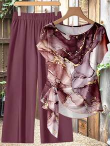 Conjunto de 2 piezas de estilo minimalista casual con camisa de mujer en color gris caqui con patrón floral abstracto de efecto dorado y lazo, y pantalones rectos holgados en color caqui, adecuado para primavera y verano, de estilo vintage - Multicolor 4 - Ver 6