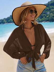 Swim Vcay Kimono corto de manga larga de unicolor y uso diario minimalista para mujer - Marrón - Ver 5