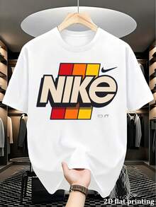Men's Retro Color Block Logo Print Casual Round Neck Short Sleeve T-Shirt, Summer Lightweight Breathable Comfortable Daily Wear Top, Fashion Street Style Casual Sports Tee For Men - Bianco - Visualizzare 6