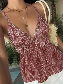 Camiseta sin espalda con volantes y estampado bohemio de verano para mujer - Rojo violeta - Ver 5