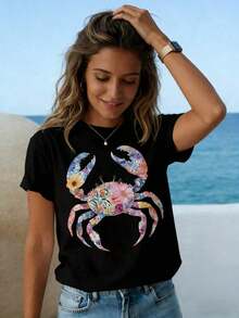 Flower Crab, un nuevo producto imprescindible para el verano. Adecuado tanto para la primavera como para el verano. Camiseta cómoda e informal para mujer, primavera-verano, cuello redondo, t - Negro - Ver 3