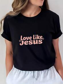 Camiseta de 180G con la frase inspiradora "Love Like" para Reuniones Familiares y Regalos |   Suave y Cómoda |   Perfecta para Pascua y Fiestas de Oficina - Negro - Ver 1