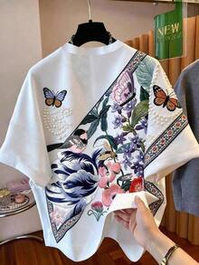 Camiseta de manga corta con cuello redondo y estampado floral, verano - Multicolor 3 - Ver 2