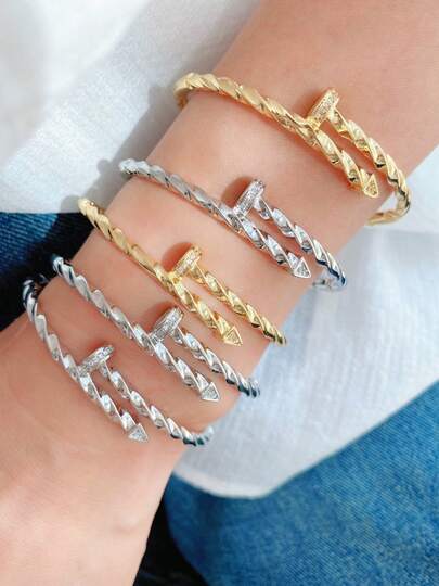 1 Conjunto Pulseira e Anel Dourado e Prateado, Design de Diamante, Arte em Metal, Adequado para o Dia dos Namorados, Uso Diário, Presente de Alta Qualidade