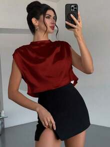 Blusa de mujer con cuello mao de unicolor y pliegues, informal y elegante, manga de murciélago fruncida, ajuste regular, top casual de uso diario para primavera/verano - Burdeos 3 - Ver 4