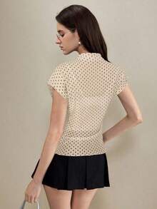 amiseta de mujer con cuello Mao, manga de murciélago y estampado de lunares transparente.Versátil para el verano, elegante para el transporte urbano, estilo académico vintage, ocasión formal de oficina Y2K, transporte urbano el - Albaricoque - Ver 2