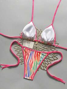 Conjunto de bikini sexy de cuello halter y lazo para mujer en bloque de color para vacaciones, playa de verano - Multicolor 8 - Ver 2