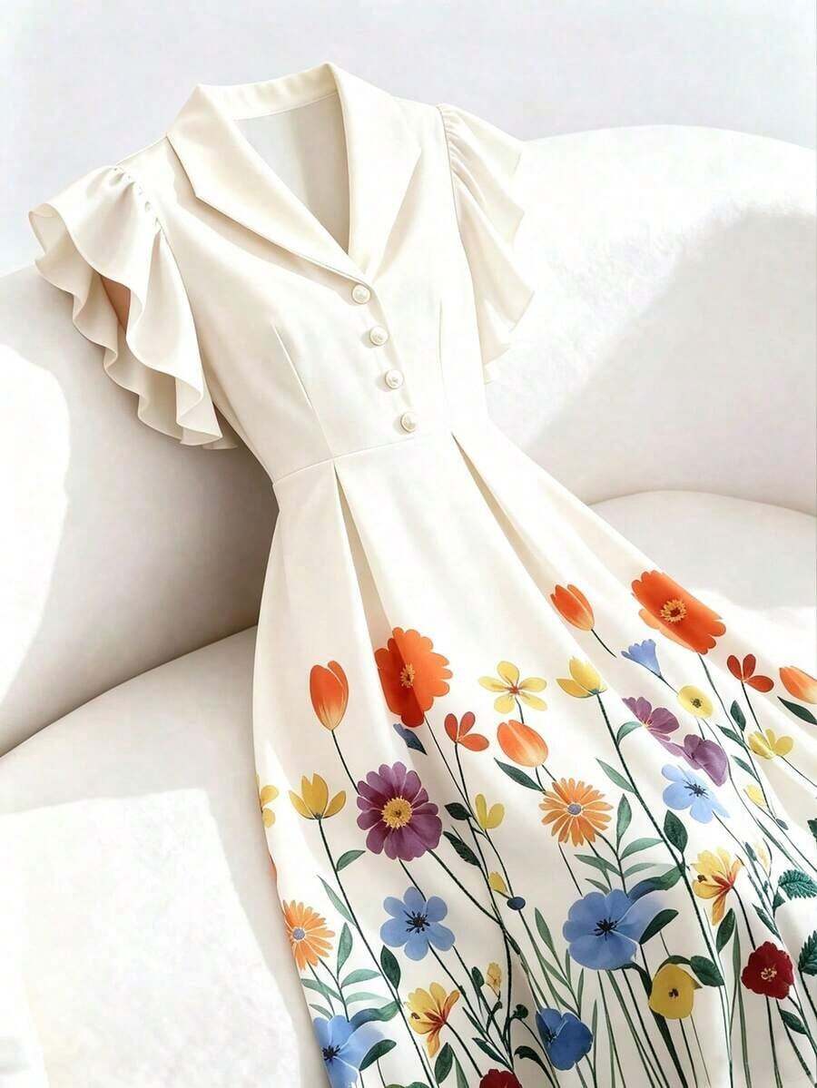 Vestido de manga acampanada de longitud media, de color albaricoque, con estampado floral, cuello de solapa, botones de perlas en la cintura, diseño de manga acampanada, encantador, elegante, dulce, para uso diario, vacaciones, viajes, citas, esti - Multicolor 4 - Ver 1
