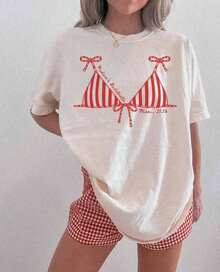 Camiseta de Mujer Casual de Cuello Redondo, Manga Corta, Tejido de Punto, con Estampado Gráfico de Bikini, Ligeramente Elástica - Estilo - Ver 1