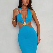 Women's Sexy Beach Vacation Deep V Metal Shell Buckle Decor Backless Fitted Long Dress, Blue - Beis - Ver 4
