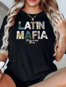 Letras grandes con estampados coloridos que representan paisajes arte abstracto y símbolos culturales latinos camiseta de mujer 100% algodón - Negro - Ver 2