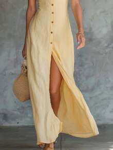 Light Yellow Linen And Cotton Blouse With Retro Lapels And Front Closure, Long Skirt - 黃色 - 查看 3