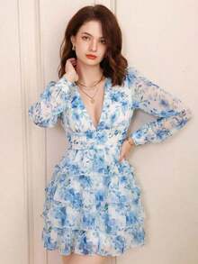 Aveloria Revavyn Vestido de manga larga con estampado aleatorio de moda para mujer, atuendo de vacaciones - Azul - Ver 11