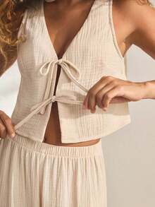 Ocili Conjunto de pijama casual con lazo para mujer - Albaricoque - Ver 3