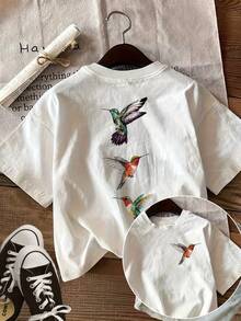 Camiseta casual de manga corta y cuello redondo con estampado de colibrí dibujado a mano - Blanco - Ver 9