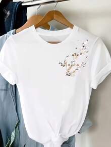 1 pieza de camiseta ligera de manga corta para mujer - Blusa de cuello redondo con estampado floral en rosa suave y beige - Top casual para primavera y verano - Base blanca con diseño de flores delicadas - Ropa casual lavable a mano para brunch y salidas de compras 1 pieza - Blanco - Ver 7