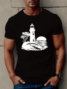 Lighthouse Men's Short Sleeve T-Shirt, Summer Top. Comfortable Men's T-Shirt / A Very Distinctive Printed T-Shirt / Unisex Style / Suitable For Both Men And Women / Wrinkle-Resistant / Breathable. - 黑色 - 查看 12