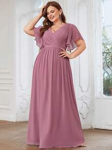 EVERPRETTY Váy dạ hội phù dâu màu hồng cổ chữ V tay bèo thanh lịch cho người size lớn, phù hợp cho khách mời đám cưới, mẹ cô dâu, đi nghỉ dưỡng, dự tiệc mùa hè - Bụi hồng - Xem 2