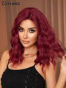 7JHH WIGS Peluca rizada de color rojo rosa de longitud media de 18 pulgadas para mujeres, con flequillo lateral, de fibra sintética resistente al calor natural para uso diario y de fiesta - Rosa Roja - Ver 5