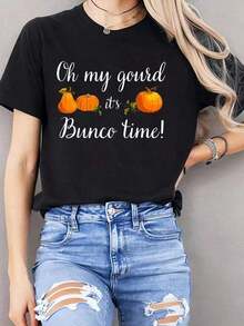 Camiseta de Algodón con Diseño Gráfico Coreano para Mujer, Oh My Gourd It's Bunco Time, Camiseta para Noche de Juegos de Otoño y Acción de Gracias, Camiseta de Algodón Puro de Alta Calidad con Estampado Minimalista, Tela Suave y Transpirable, Cómoda y Holgada, Adecuada para Uso Diario, Ideal para Vestimenta Casual de Oficina, Apariencia Diaria de Primavera y Verano, Diseño Elegante y Juvenil, Ropa de Hombre Adecuada para Uso en Verano, Mangas Cortas con Estampado, Blusas para Mujer y Mangas Cortas con Estampado. Top de Verano - Negro - Ver 5