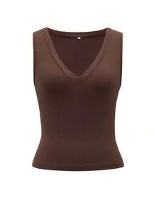 Camiseta de tirantes ajustada con escote en V profundo para mujer  top de punto de unicolor, ropa deportiva para mujer, ropa de carnaval de primavera y verano 2026, adecuada para uso diario, trabajo y casual - Marrón - Ver 3