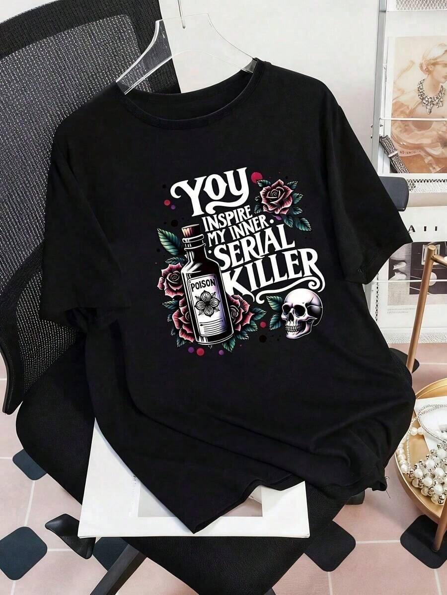 Camiseta casual para mujer, estampado digital de colores vivos, cuello redondo y manga corta, adecuada para uso diario, un regalo versátil.|   Camiseta con Estampado Divertido|   Cómodas y bien ajustadas, adecuadas para el uso diario, blusas de primavera y otoño para mujer. - Negro - Ver 1