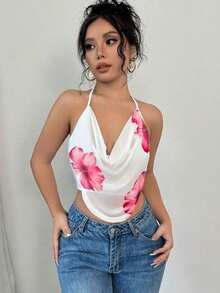 Camiseta ajustada con cuello en V profundo y estampado floral de malla elegante y sexy para mujer, ideal para el verano y las vacaciones - Rosa Fucsia - Ver 5