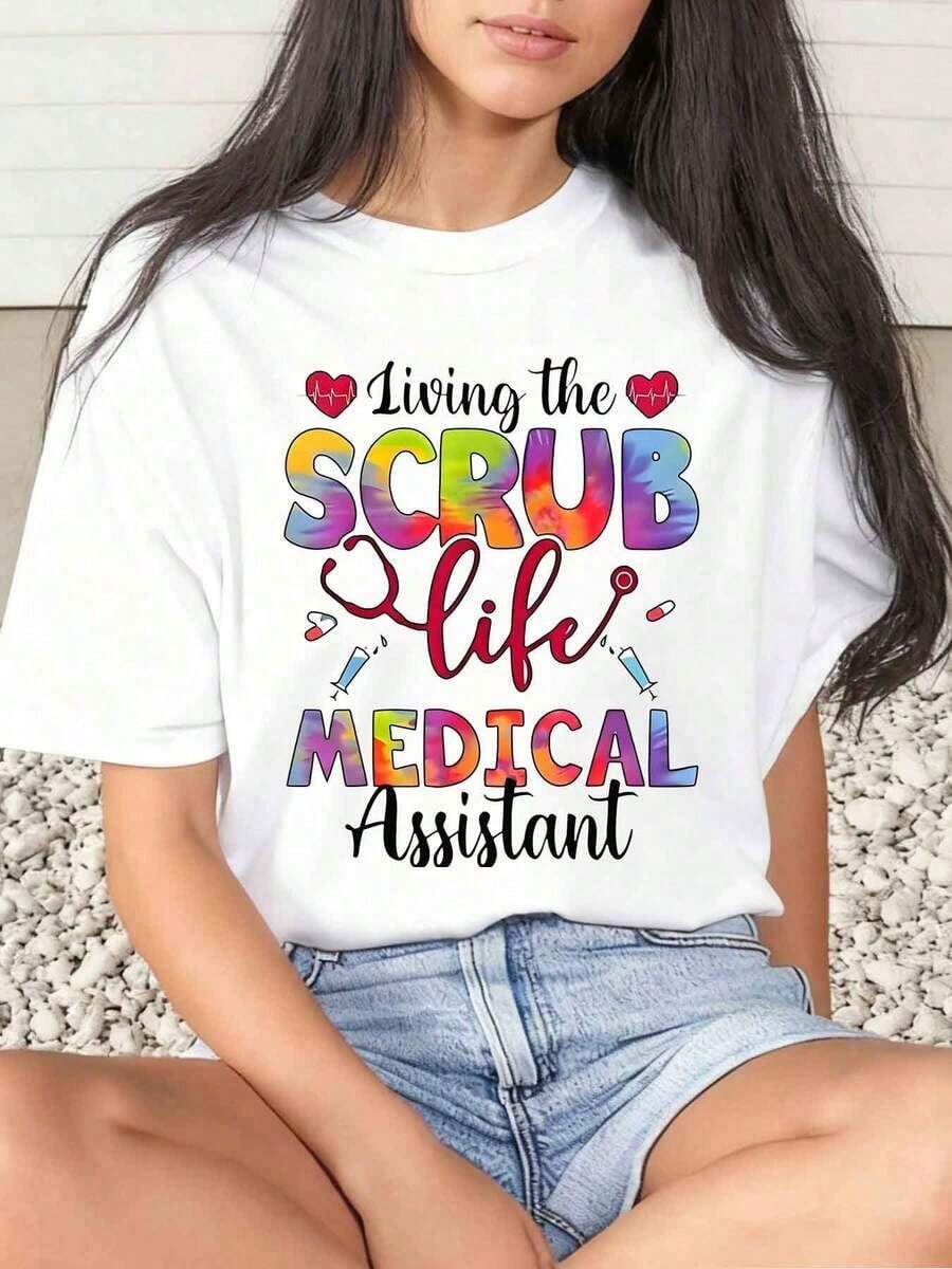 1 Piece Women's T-Shirt With Rainbow Text Print And Medical Icons "Living The Scrub Life" For Medical Assistant, Casual Daily Wear, Round Neck, Short Sleeve, Soft And Comfortable, 220 G/M², 180 G, 100% Cotton - 白色 - 查看 1