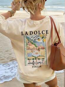 Nueva Camiseta de Verano para Mujer, Casual, Colorida, con Estampado de Letras y Pintura al Óleo, Cuello Redondo, Manga Corta Rosa, Versátil y a la Moda, Adecuada para Tops de Mujer, Ocio en Vacaciones y Vacaciones de Primavera. - Albaricoque - Ver 5