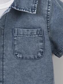 2026 New Boys' Summer Denim Set, Casual Solid Color Light Blue Short Sleeve Denim Shirt And Shorts 2pcs Outfit - Dark Wash - View 3
