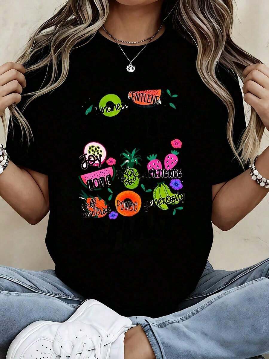 FashionNEW Camiseta de Moda para Mujer con Estampado Gráfico Cristiano "Frutos del Espíritu" y Versículos de Galates 5:22-23, Alegría, Amor, Paz, Paciencia, Bondad, Gentileza, Fidelidad, Autocontrol, Generosidad, para Uso Casual, Ropa de Iglesia, Vida Diaria - Estilo Urbano Vintage, Unisex, Camiseta de Manga Corta de Algodón Suelto con Cuello Redondo - Negro - Ver 1