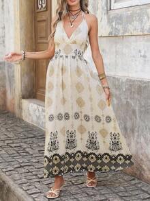 YHHBrillora Vestido largo de vacaciones con estampado geométrico jacquard sin espalda para mujerYHH - Blanco y Negro - Ver 6