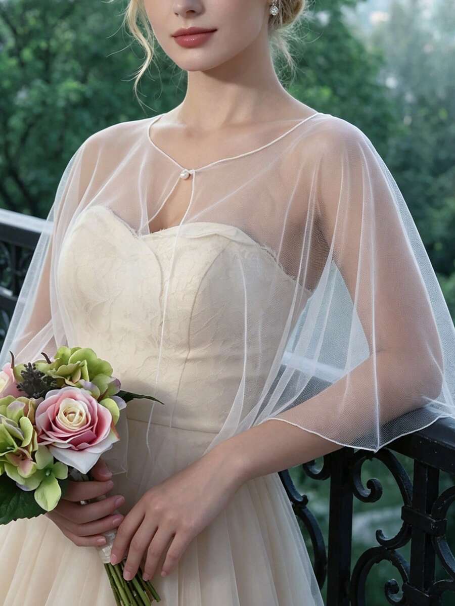 一件装 平价简约女士披肩，半透明薄雪纺开衫，夏季连衣裙/婚纱配饰披肩短款上衣