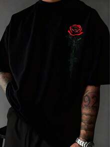Camiseta casual de manga corta con cuello redondo con gráfico de letra y rosa para hombres - Negro - Ver 1