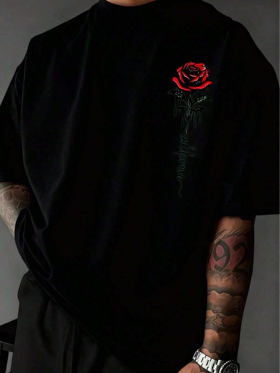 Camiseta casual de manga corta con cuello redondo con gráfico de letra y rosa para hombres - Negro - Ver 1
