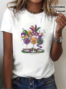 Camiseta Deportiva Casual de Mujer con Estampado de Letras Españolas, Cuello Redondo, Manga Corta, Estilo Minimalista Moderno para Primavera/Verano - Blanco - Ver 1