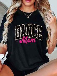 Simple And Versatile Design, Women's One-Piece Dance Tee, Leopard Print, "Mom" Lettering In Pink, Cheetah Pattern, Casual Round Neck, Short Sleeves, Loose Fit, Suitable For Dance Lovers To Wear Casually, A Cute Tee For Dancing Moms, Inspired By Ballet Lovers And Cheerleaders, Made Of Soft Pure Cotton, Suitable For Everyday Wear, An Excellent Gift Choice For Mother's Day, Simple Leopard Print Tee, Suitable For Dancing Moms, Casual Urban Style, 100% Pure Cotton Tee. - 黑色 - 查看 7