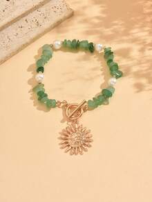 1 pieza Tobillera con colgante de sol estilo bohemio, joyería para el pie con tono dorado, decorada con piedras verdes y perlas falsas, adecuada para uso diario, vacaciones de verano, fiestas, festivales de música. El tamaño y la cantidad de piedras verdes son aleatorios. - Multicolor - Ver 2