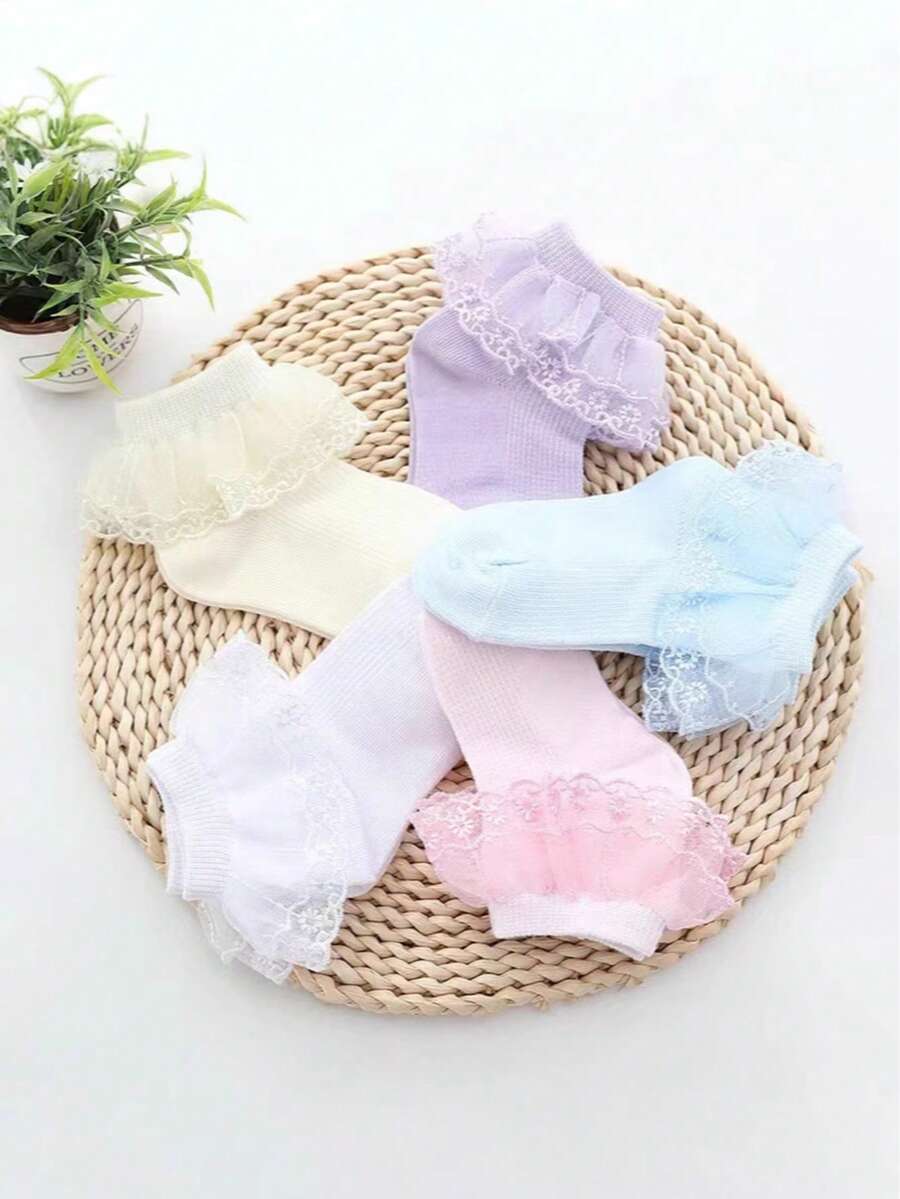 1/5双装 女童春夏百搭校园袜，经典柔软透气休闲短袜，可爱甜美公主风蕾丝边袜，适合度假、旅行、聚会、校园生活、舞蹈练习等场合 - 彩色 - 查看 1