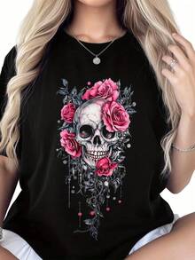 Women's Plus Size Black Casual T-Shirt - Skull And Floral Rose Tattoo Design, Soft And Breathable Fabric, Crew Neck, Short Sleeve For Spring Summer Autumn - 黑色 - 查看 1