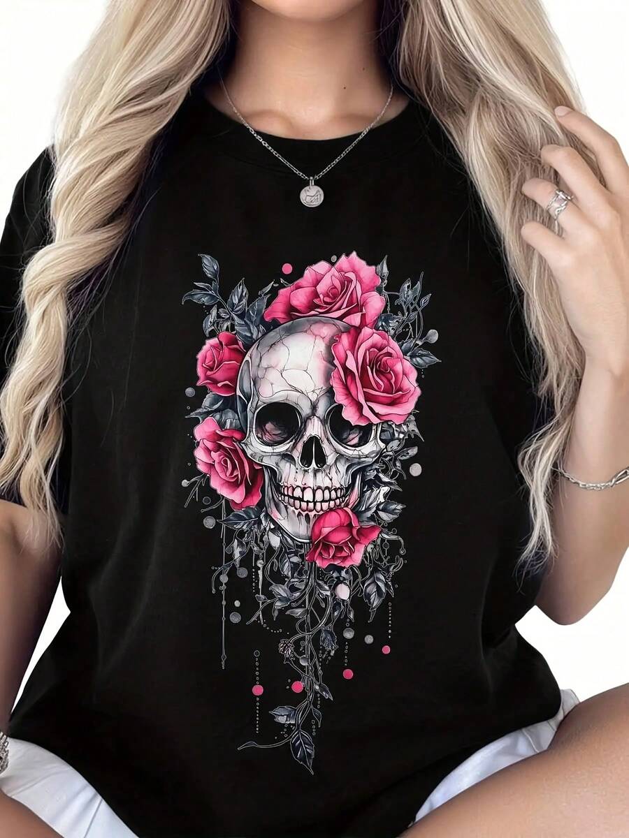 Women's Plus Size Black Casual T-Shirt - Skull And Floral Rose Tattoo Design, Soft And Breathable Fabric, Crew Neck, Short Sleeve For Spring Summer Autumn - 黑色 - 查看 1