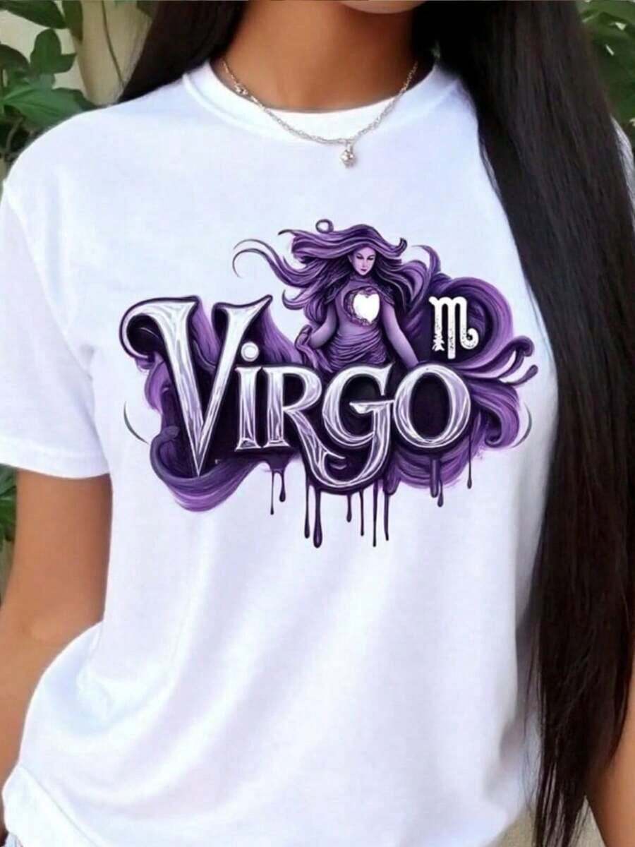 Women's T-Shirt - White T-Shirt With Virgo Print Design, Casual Round Neck, Stretchy Fabric, Soft And Breathable, Fashionable Top For All Seasons, Garment, Graphic T-Shirt, Comfortable Fit, Gift For Easter And Mother's Day, Urban Clothing, Short Sleeve T-Shirt For Women, Round Neck, Casual For Daily Wear And Travel. - 白色 - 查看 1