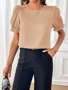 Blusa con mangas abullonadas, blusas de manga corta - Caqui - Ver 4