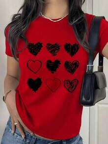 PremiumPlayera Blanca de Mujer con Gráfico de 9 Corazones Rojos Dibujados a Mano, Camiseta de Estética Romántica para San Valentín, Blusa de Moda Minimalista y Linda, Top Casual de Corazones Populares Eco-Friendly - Rojo - Ver 6