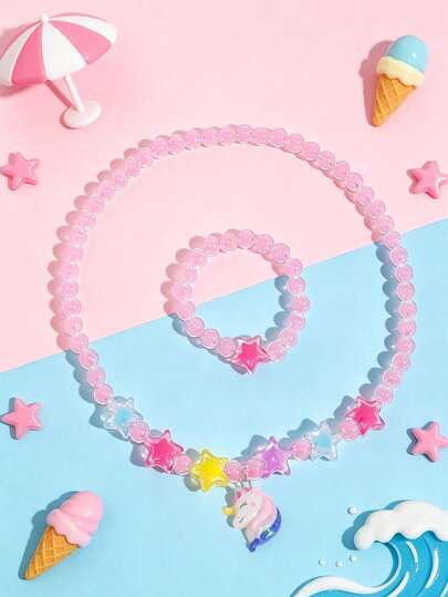 2pcs/Set Girls Cute Cartoon Flamingo, Unicorn, Owl Pendant Beaded Necklace & Bracelet Jewelry Set, Suitable For Daily Wear, Vacation, Holidays, Children's Party