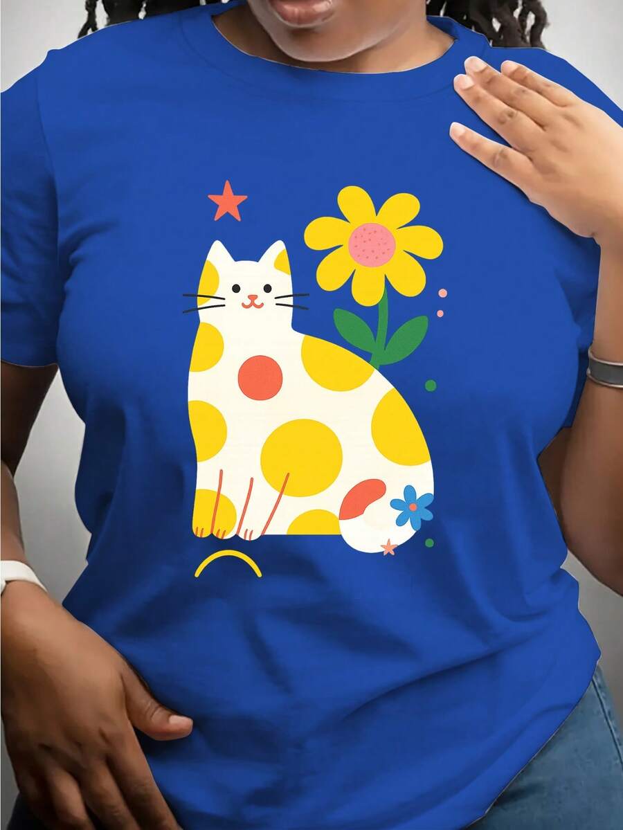 Casual Short-Sleeved T-Shirt With Fun And Cute Animal Print, Round Neck, Fashionable Women's Clothing For All Seasons, Elegant, Stylish And Intellectual Design For Summer. - 藍色 - 查看 1