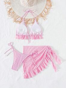 Conjunto de bikini de 3 piezas con tapa de falda, estilo de vacaciones en la playa, para mujer, con bikini halter sin espalda y encaje sexy - Rosa 2 - Ver 6