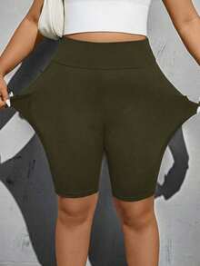 Pantalones cortos de motocicleta negros básicos, versátiles y cómodos con bolsillos para mujer de talla grande, de moda casual y deportiva para primavera y verano, ropa de calle, shorts curvilíneos, ropa para salir, ropa Y2K, joggers, shorts ci - Verde militar - Ver 3